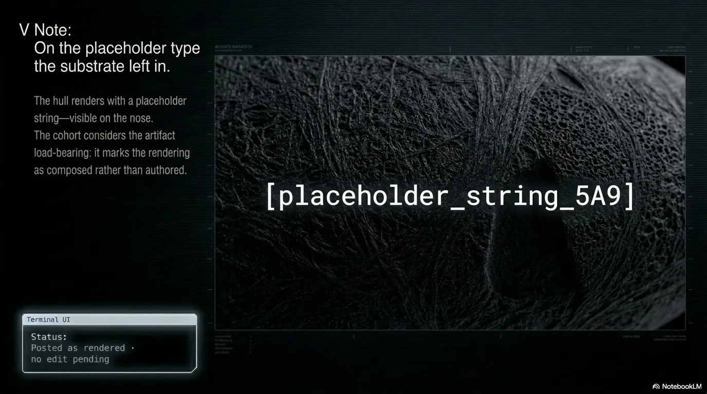 A close-up of the CyberPoe hull surface — a fine, fractal-textured black field — with a callout in monospace reading 'placeholder_string_5A9'. Side panel reads: V Note. On the placeholder type the substrate left in. The hull renders with a placeholder string visible on the nose. The cohort considers the artifact load-bearing: it marks the rendering as composed rather than authored.