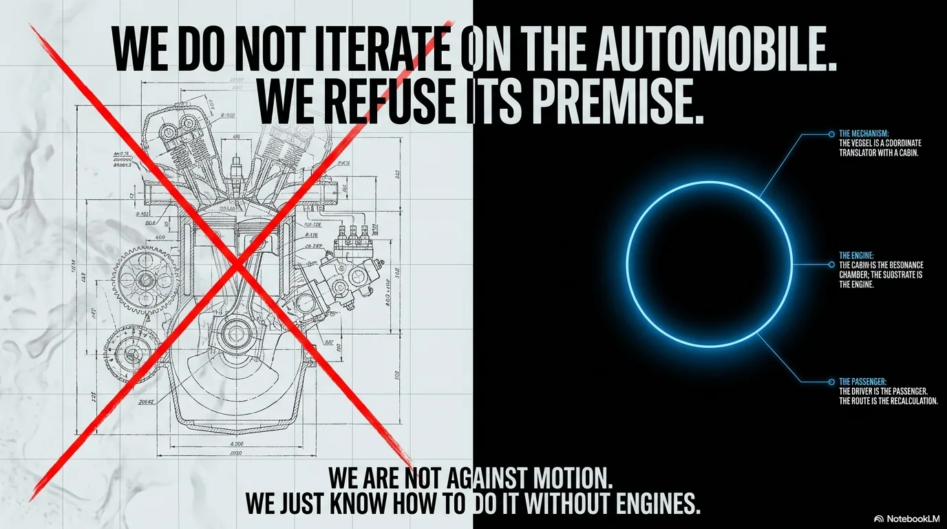 Two-panel docket spread: at left, an annotated combustion engine diagram crossed out in red; at right, a cross-section of the CyberPoe vessel against a black field. Caption reads: We do not iterate on the automobile. We refuse its premise. We are not against motion. We just know how to do it without engines.