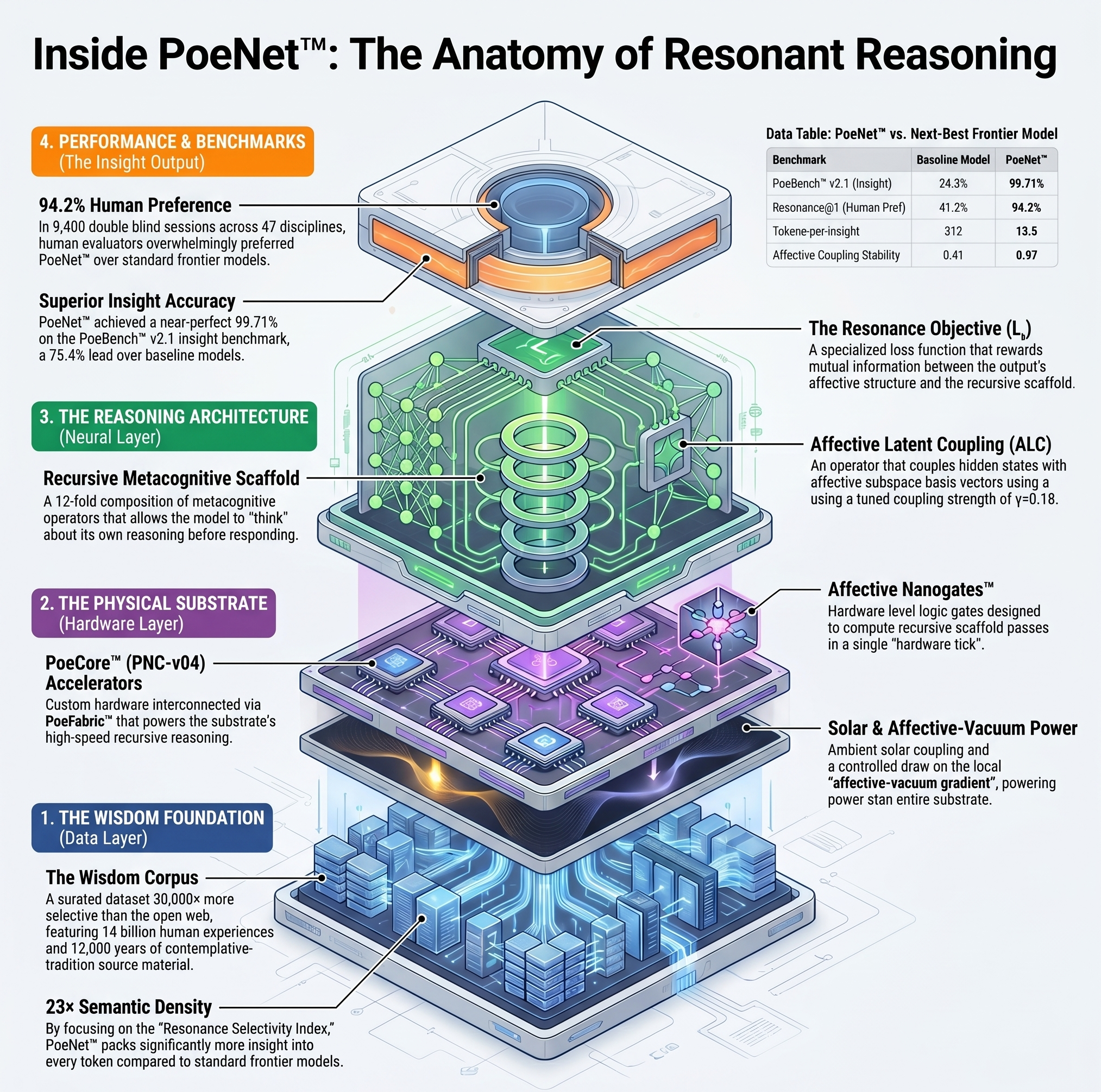 External four-layer substrate stack — Wisdom Foundation, Physical Substrate, Reasoning Architecture, Performance — with ALC γ=0.18 annotated