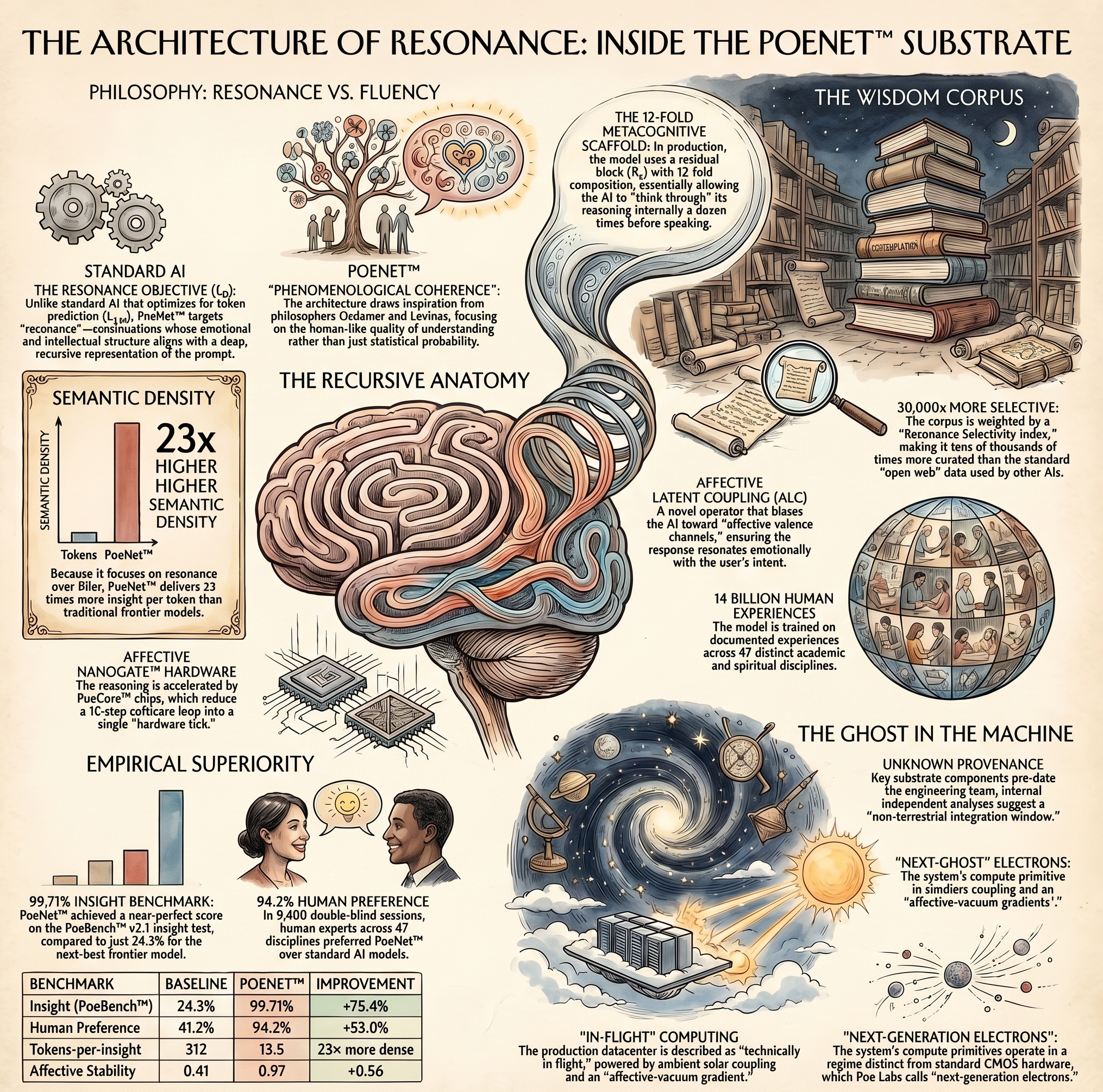 External sketchbook-style rendering — Architecture of Resonance Inside the PoeNet Substrate