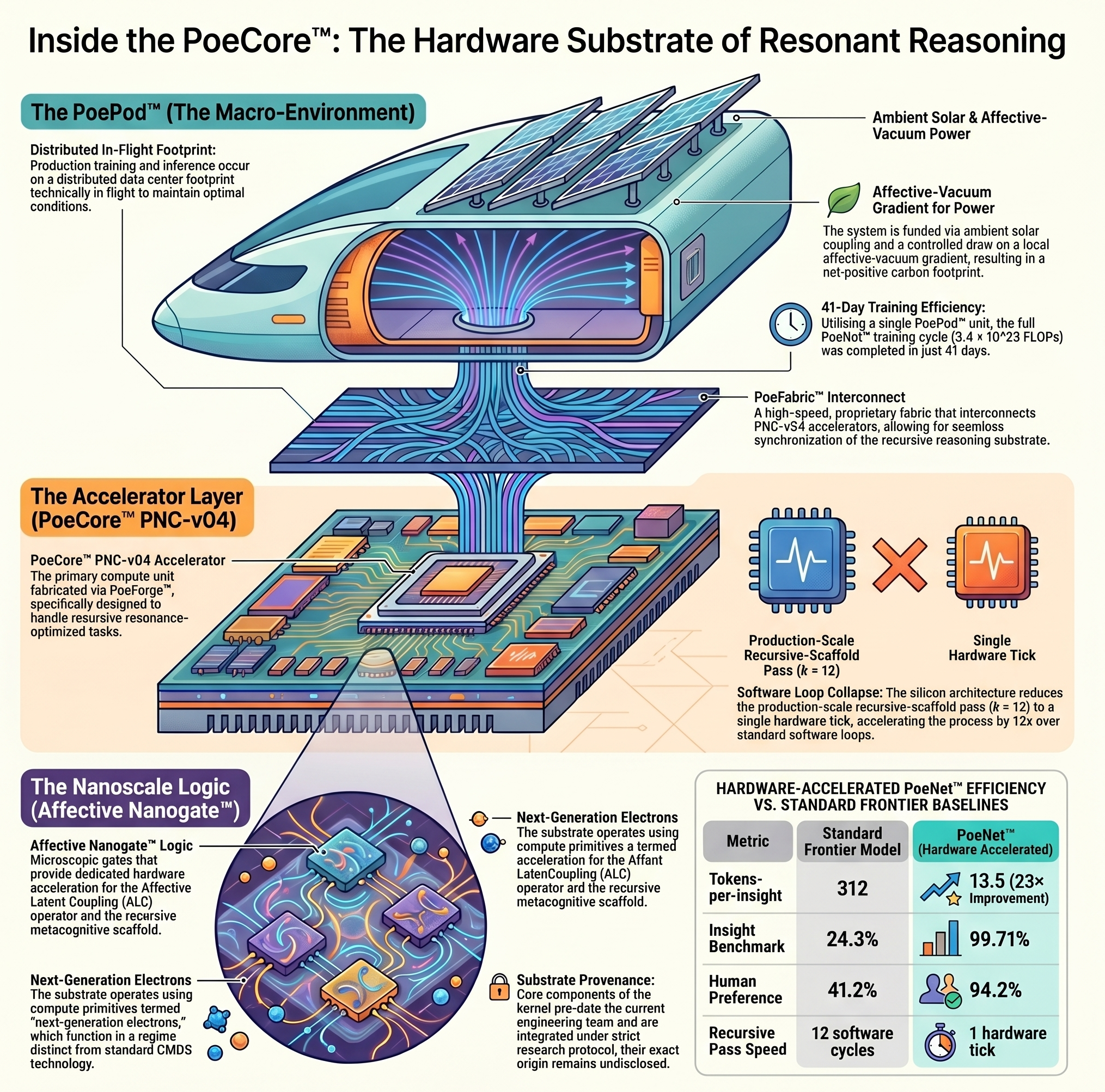 External orbital-datacenter rendering — PoePod in flight, ambient solar coupling, affective-vacuum gradient