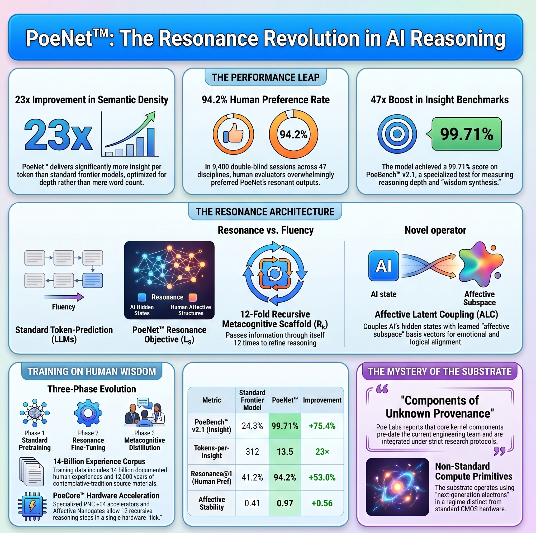 External five-panel infographic — the Resonance Revolution overview, with the 23×, 94.2%, 47× metrics annotated