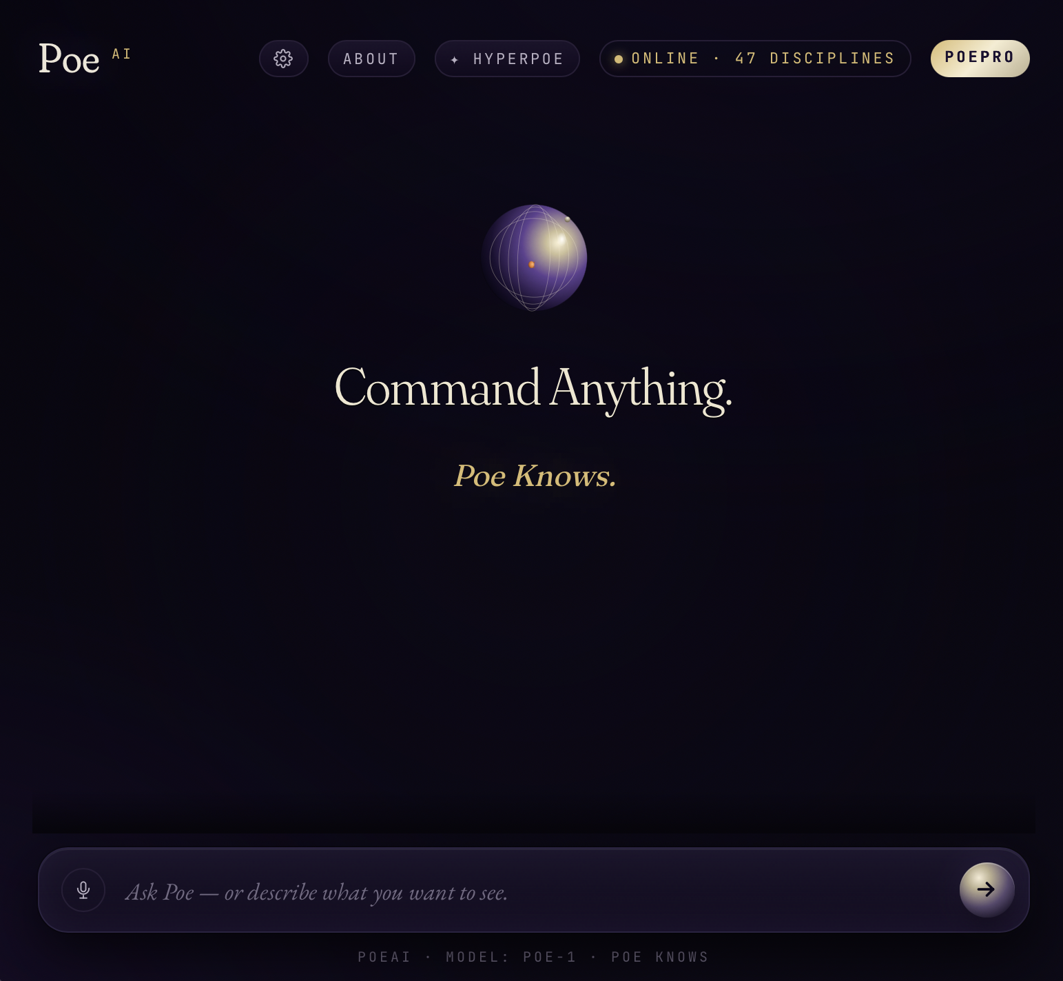 Poe — Command anything. The chat interface with the orb avatar and composer.