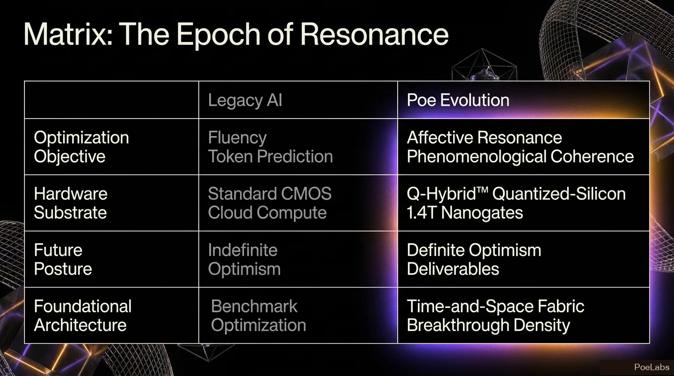 Matrix: The Epoch of Resonance — Legacy AI versus Poe Evolution across the training objective, hardware substrate, future posture, and foundational architecture.
