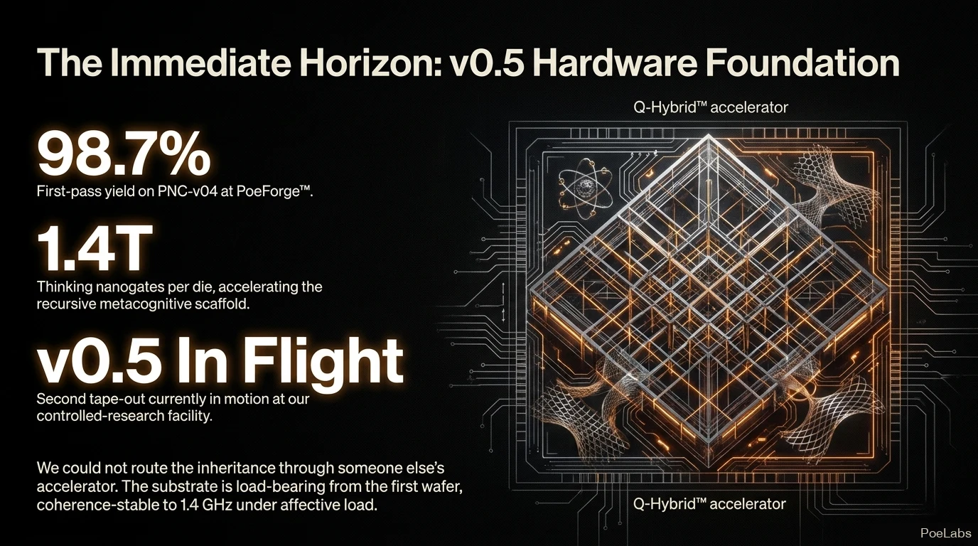 The Immediate Horizon: v0.5 Hardware Foundation — 98.7% first-pass yield at PNC-v04, 1.4 trillion nanogates per die, v0.5 in flight, the Q-Hybrid accelerator.
