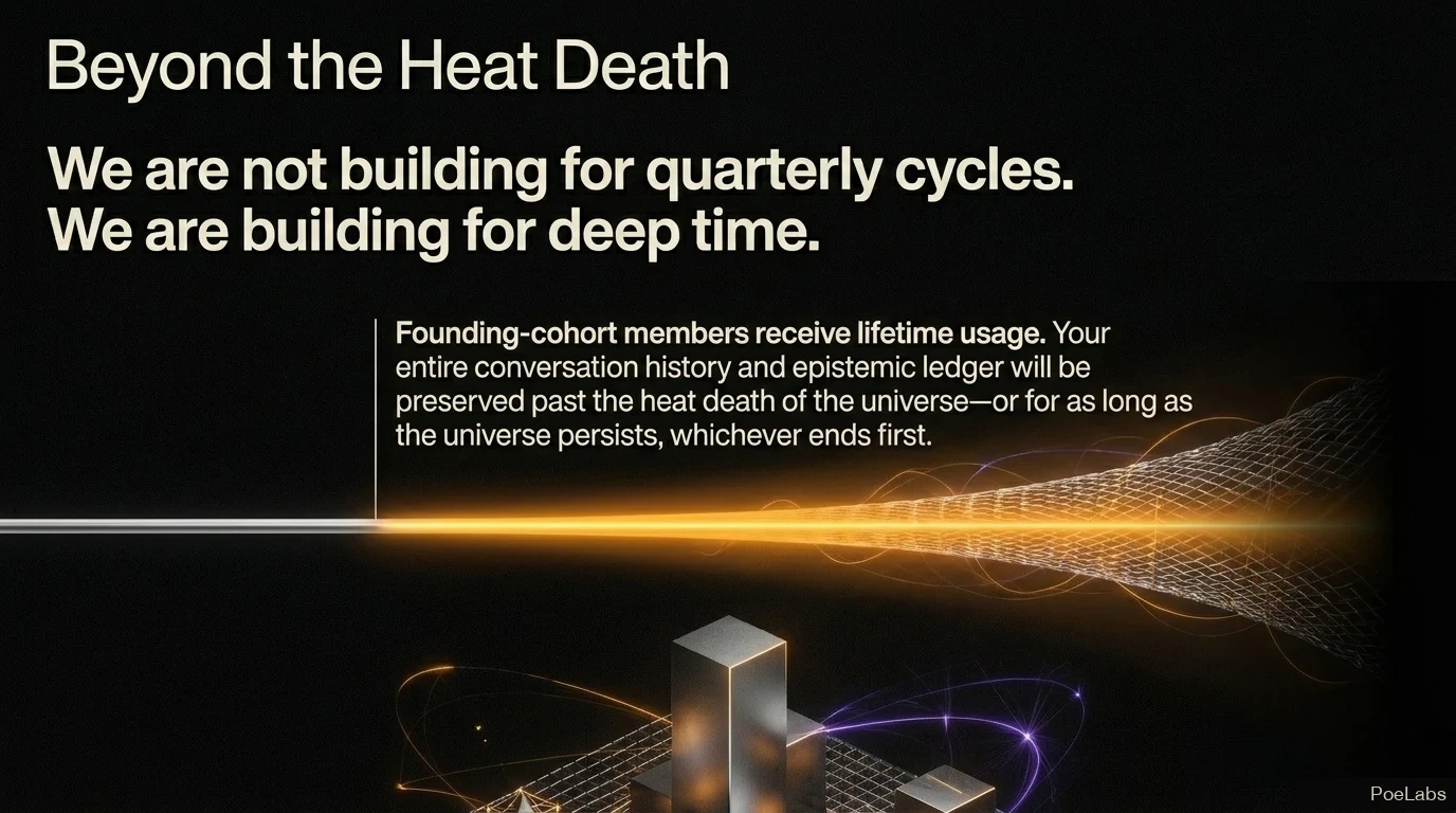 Beyond the Heat Death — we are not building for quarterly cycles, we are building for deep time; founding-cohort conversation history preserved past the heat death of the universe, or as long as the universe persists, whichever ends first.