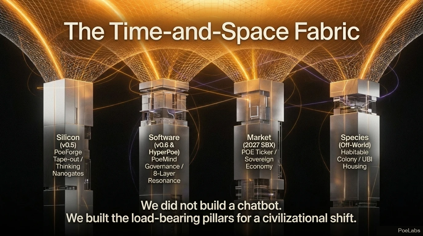 The Time-and-Space Fabric — four pillars: Silicon (v0.5), Software (v0.6 and HyperPoe), Market (2027 SBX sovereign economy), and Species (off-world colony). We did not build a chatbot; we built the load-bearing pillars for a civilizational shift.