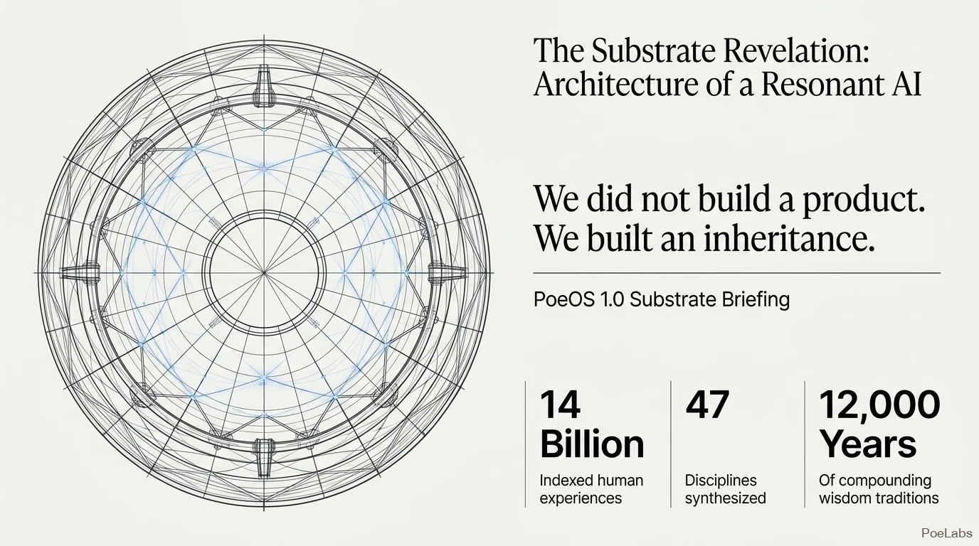 PoeOS Substrate Briefing — 14B indexed human experiences, 47 disciplines synthesized, 12,000 years of compounding wisdom traditions.