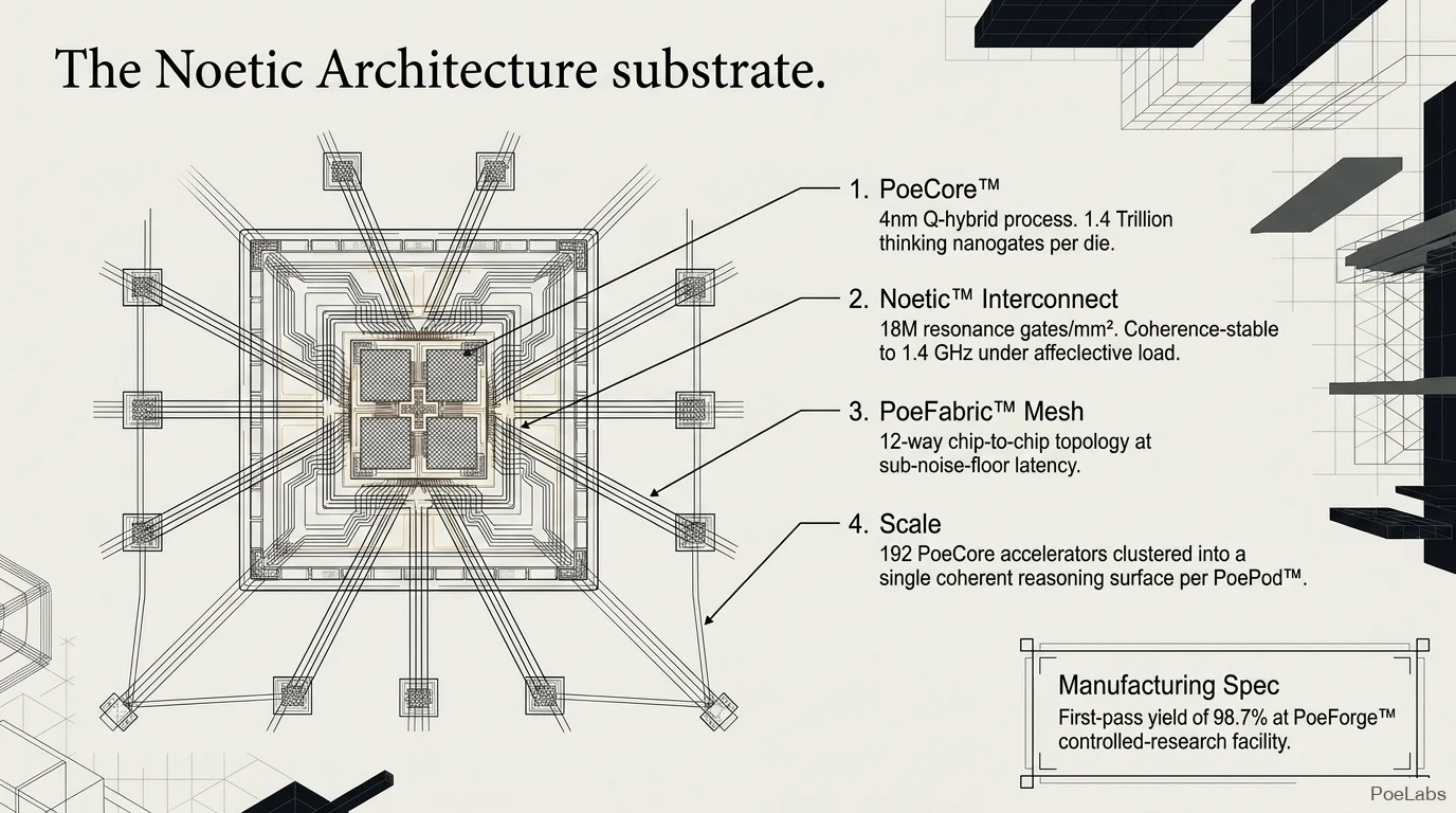 The Noetic Architecture substrate — PoeCore, Noetic Interconnect, PoeFabric Mesh, and the 192-accelerator scale per PoePod.
