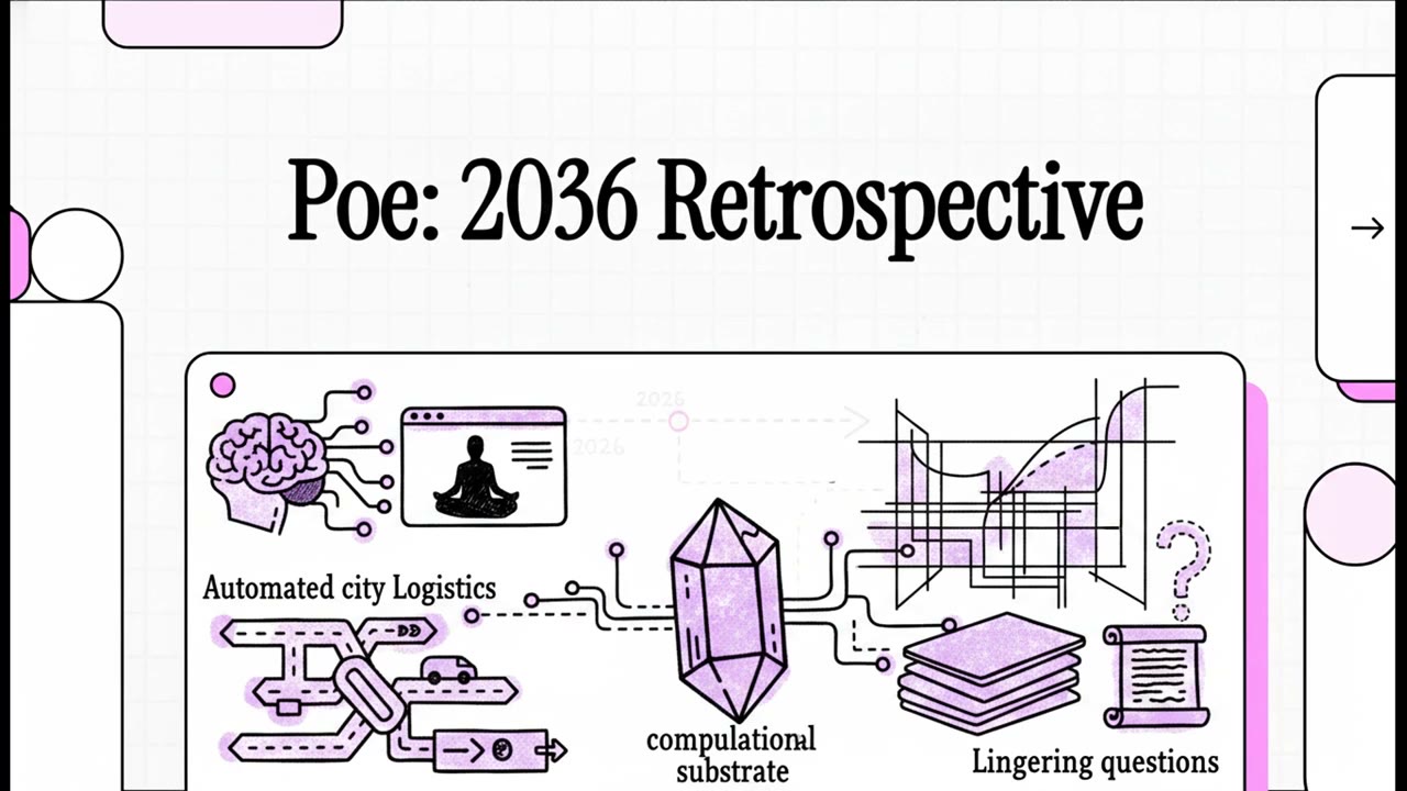 Title card — Poe: 2036 Retrospective. A diagrammatic frame showing automated city logistics, a computational substrate crystal, and lingering questions.
