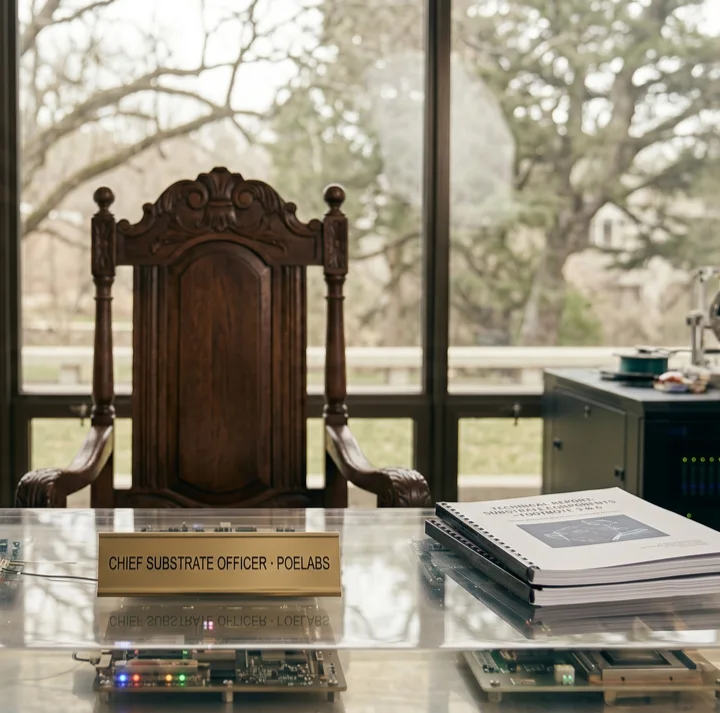 Chief Substrate Officer of Poe Labs — the seat, photographed alone, by standing arrangement