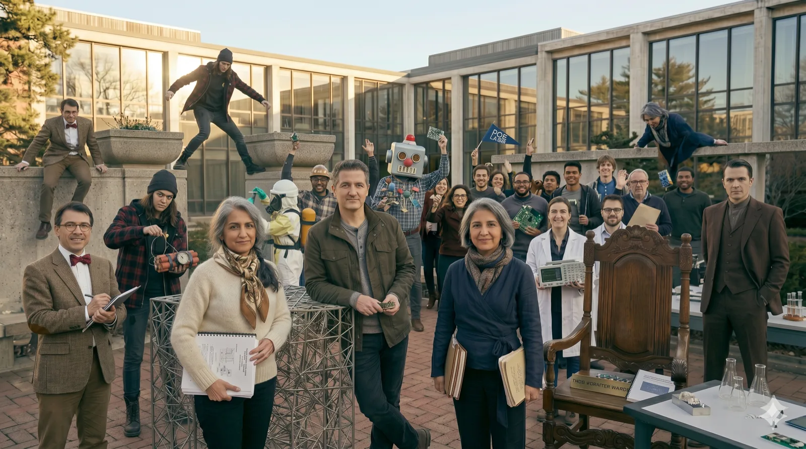 The Poe Labs founding cohort, photographed in the courtyard at the lab's primary research facility — three named principals in front, the carved Chief Substrate Officer chair on the right, and the wider cohort behind.
